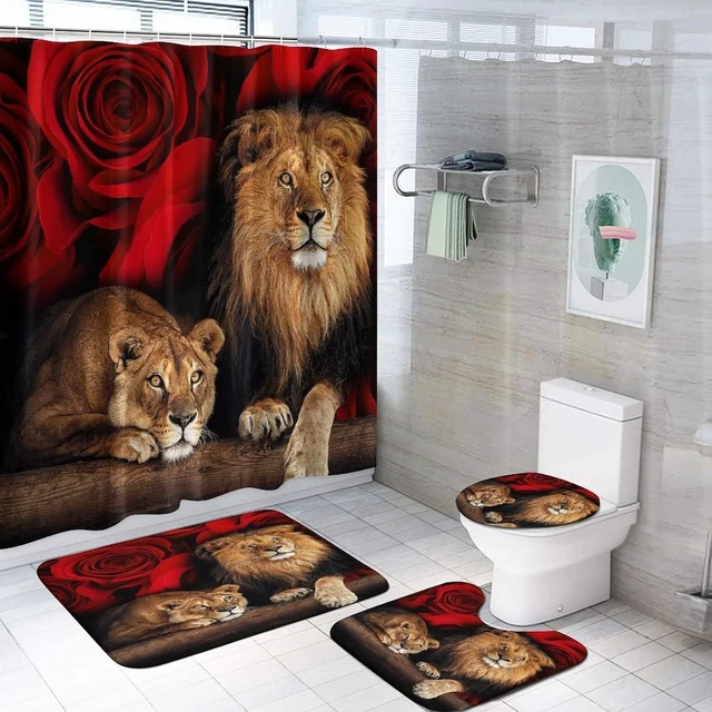 Alt view image 2 of 6 - Mat with Hooks, Lid Cover, Rugs, 4-Piece Floral and Animal Print Bathroom Textile Set Including Curtain