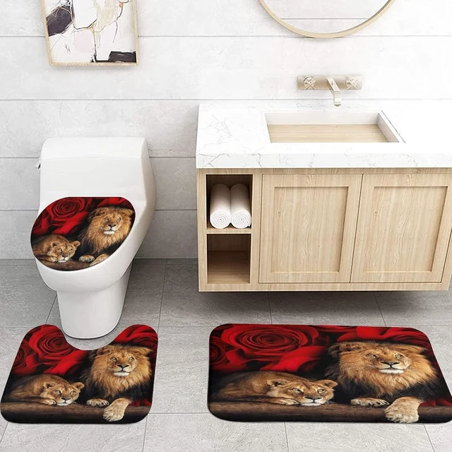 Alt view image 3 of 6 - Mat with Hooks, Lid Cover, Rugs, 4-Piece Floral and Animal Print Bathroom Textile Set Including Curtain