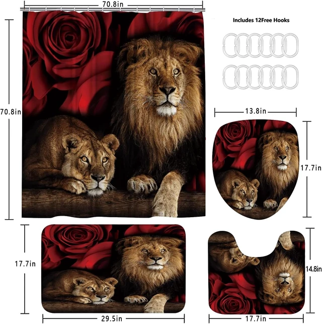 Alt view image 5 of 6 - Mat with Hooks, Lid Cover, Rugs, 4-Piece Floral and Animal Print Bathroom Textile Set Including Curtain