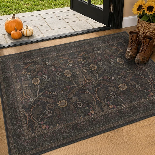 Alt view image 2 of 7 - Stain Resistant Farmhouse Carpet, Soft Low Pile Indoor Door Mat for Kitchen Bathroom, Washable Floral Botanical Entryway Rug