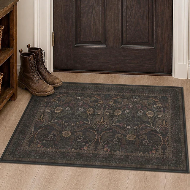 Main image of Stain Resistant Farmhouse Carpet, Soft Low Pile Indoor Door Mat for Kitchen Bathroom, Washable Floral Botanical Entryway Rug