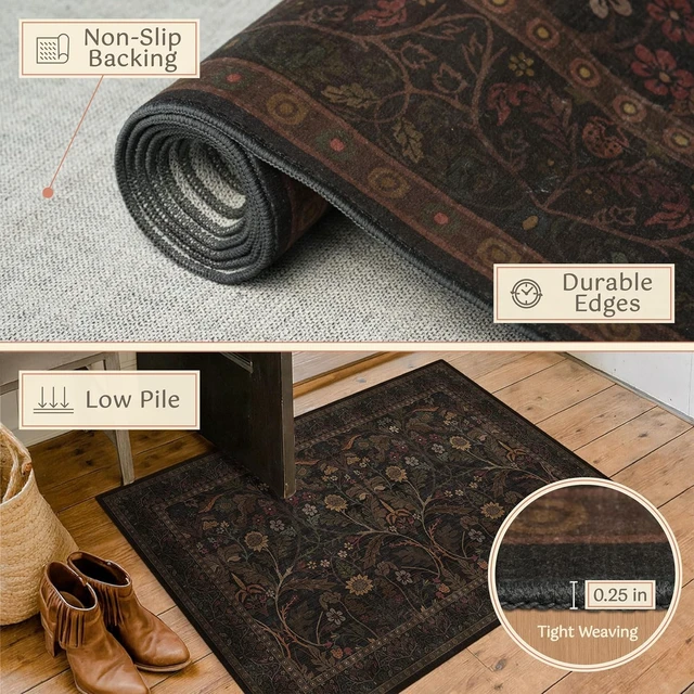 Alt view image 6 of 7 - Stain Resistant Farmhouse Carpet, Soft Low Pile Indoor Door Mat for Kitchen Bathroom, Washable Floral Botanical Entryway Rug