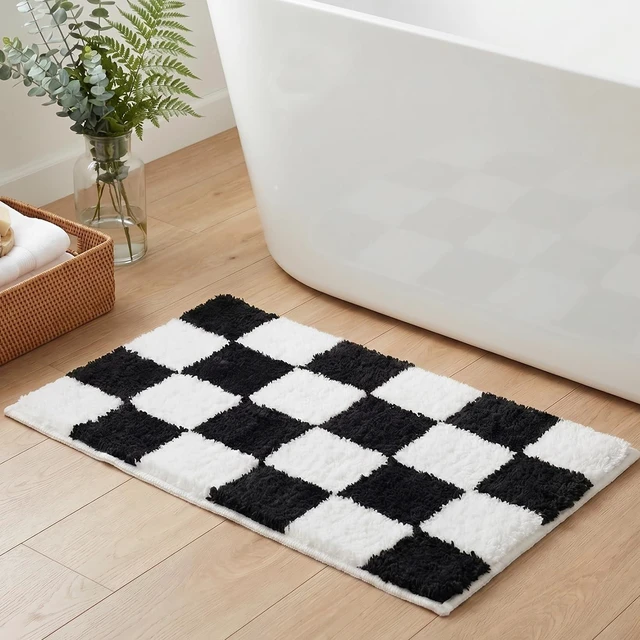 Main image of Classic Checkerboard Pattern Ultra Soft Absorbent Microfiber Bath Rug with Non-Slip Plush Shaggy Design for Bathroom Floor, Premium Black and White Checkered Bathroom Mat