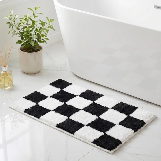 Alt view image 2 of 7 - Classic Checkerboard Pattern Ultra Soft Absorbent Microfiber Bath Rug with Non-Slip Plush Shaggy Design for Bathroom Floor, Premium Black and White Checkered Bathroom Mat