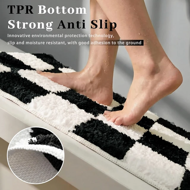 Alt view image 4 of 7 - Classic Checkerboard Pattern Ultra Soft Absorbent Microfiber Bath Rug with Non-Slip Plush Shaggy Design for Bathroom Floor, Premium Black and White Checkered Bathroom Mat