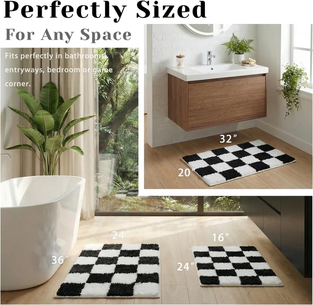 Alt view image 7 of 7 - Classic Checkerboard Pattern Ultra Soft Absorbent Microfiber Bath Rug with Non-Slip Plush Shaggy Design for Bathroom Floor, Premium Black and White Checkered Bathroom Mat
