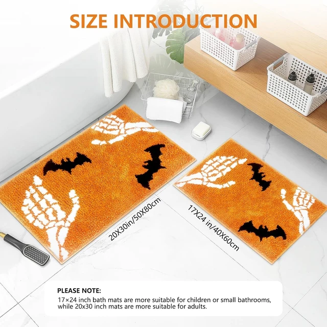 Alt view image 2 of 7 - Home Decor, Thick Washable Skeleton Bone Floor Covering for Shower Tub Sink, Highly Absorbent Non-Slip Bath Mat, Spooky Halloween Bathroom Rug with Skull and Bat Design