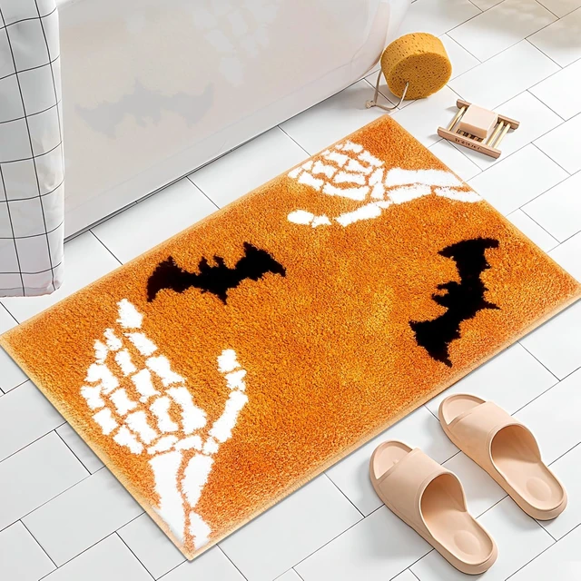 Alt view image 3 of 7 - Home Decor, Thick Washable Skeleton Bone Floor Covering for Shower Tub Sink, Highly Absorbent Non-Slip Bath Mat, Spooky Halloween Bathroom Rug with Skull and Bat Design