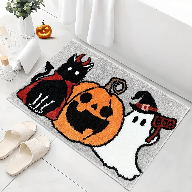 Main image of Black Cat Ghost Pumpkin Design Thick Absorbent Washable Mat for Shower Tub Sink - Holiday Home Decor, Halloween Bathroom Rug Non-Slip