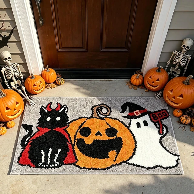 Alt view image 3 of 7 - Black Cat Ghost Pumpkin Design Thick Absorbent Washable Mat for Shower Tub Sink - Holiday Home Decor, Halloween Bathroom Rug Non-Slip