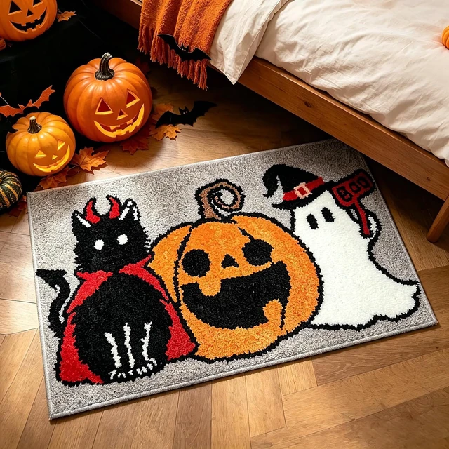 Alt view image 4 of 7 - Black Cat Ghost Pumpkin Design Thick Absorbent Washable Mat for Shower Tub Sink - Holiday Home Decor, Halloween Bathroom Rug Non-Slip