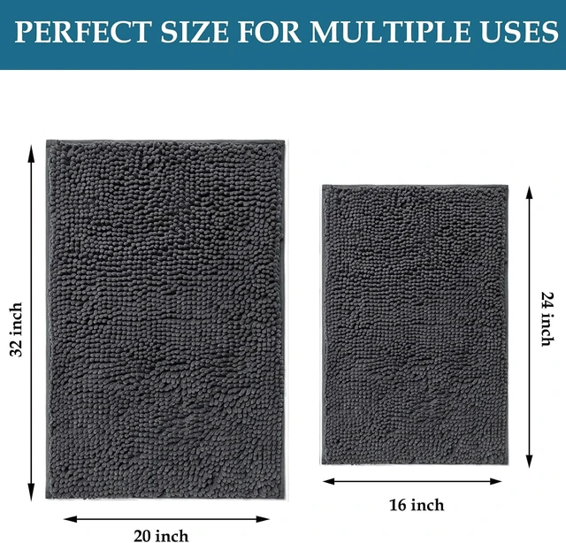 Alt view image 2 of 7 - Thick Soft Absorbent Bath Mats & Carpet for Tub Area, 2-Piece Non-Slip Chenille Bathroom Rug Set