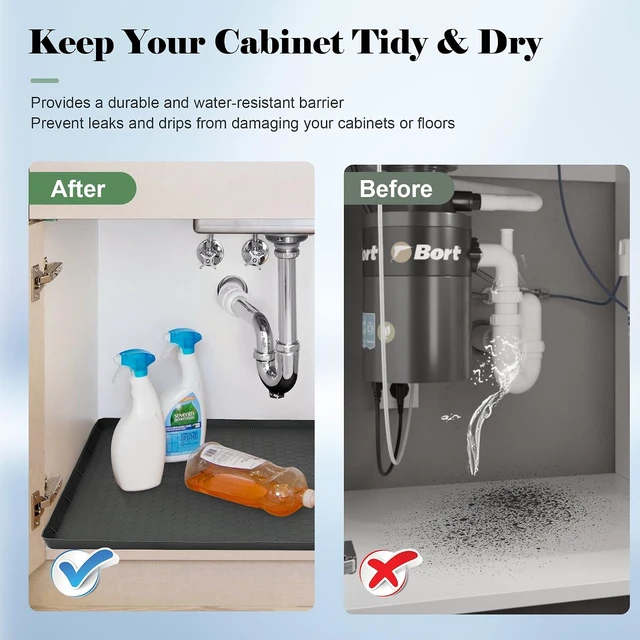 Alt view image 4 of 7 - Silicone Under Sink Mat for Bathroom and Kitchen Cabinet Organization | Waterproof Leak-Proof Liner Pad with Anti-Spill Tray and Raised Edge Barrier