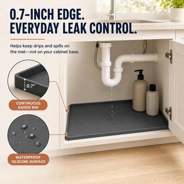 Alt view image 5 of 7 - Silicone Under Sink Mat for Bathroom and Kitchen Cabinet Organization | Waterproof Leak-Proof Liner Pad with Anti-Spill Tray and Raised Edge Barrier