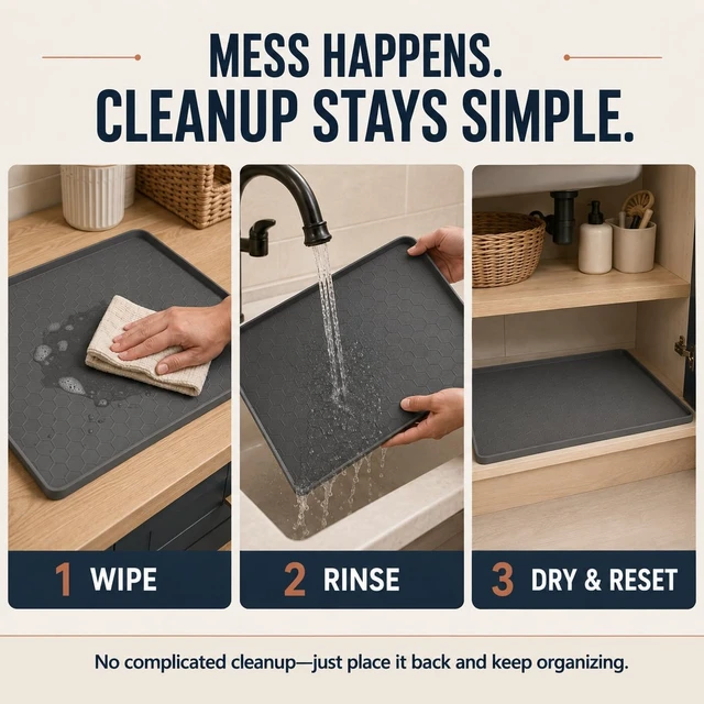 Alt view image 7 of 7 - Silicone Under Sink Mat for Bathroom and Kitchen Cabinet Organization | Waterproof Leak-Proof Liner Pad with Anti-Spill Tray and Raised Edge Barrier