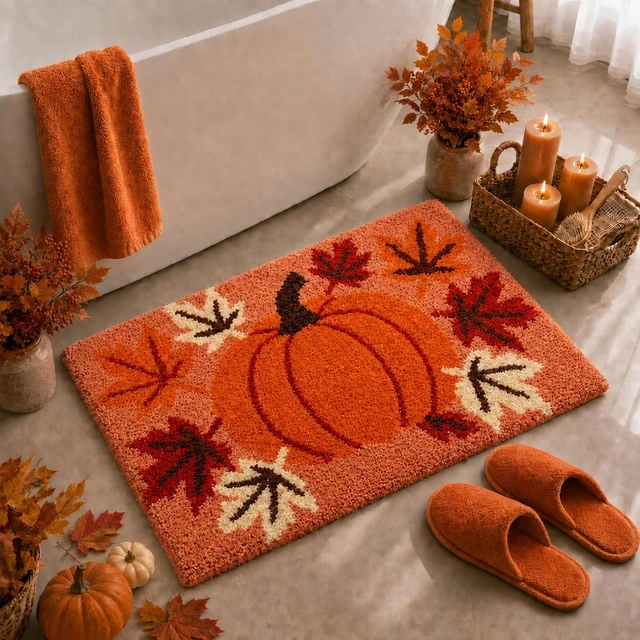 Main image of Autumn Pumpkin and Leaf Pattern Bathroom Floor Mat