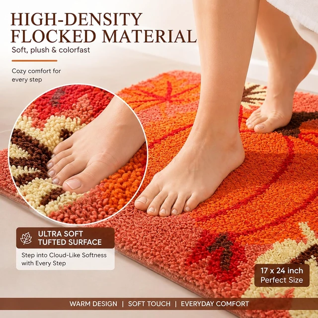 Alt view image 3 of 6 - Autumn Pumpkin and Leaf Pattern Bathroom Floor Mat