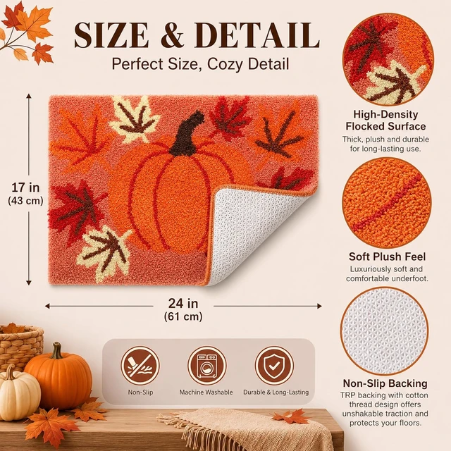 Alt view image 2 of 6 - Autumn Pumpkin and Leaf Pattern Bathroom Floor Mat