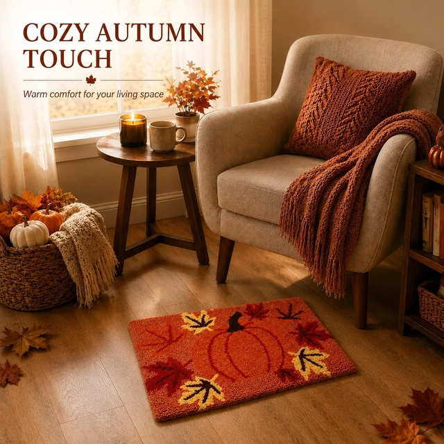 Alt view image 5 of 6 - Autumn Pumpkin and Leaf Pattern Bathroom Floor Mat