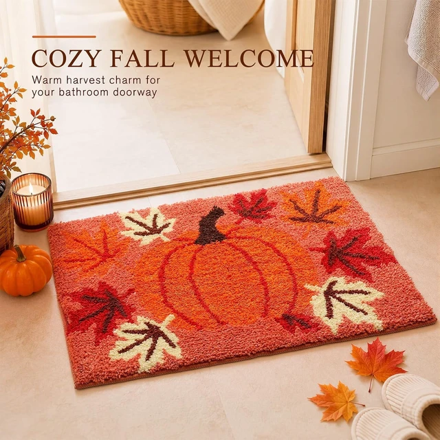 Alt view image 4 of 6 - Autumn Pumpkin and Leaf Pattern Bathroom Floor Mat