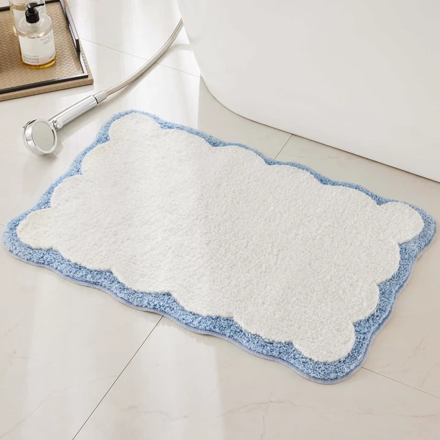 Main image of Absorbent, Anti Slip, Shower, Sink, Floor Carpet, Tub, Small White Bath Rug with Blue Scalloped Piping Cute Aesthetic Preppy Bath Mat for Bathroom, Luxury Microfiber Bathroom Rugs
