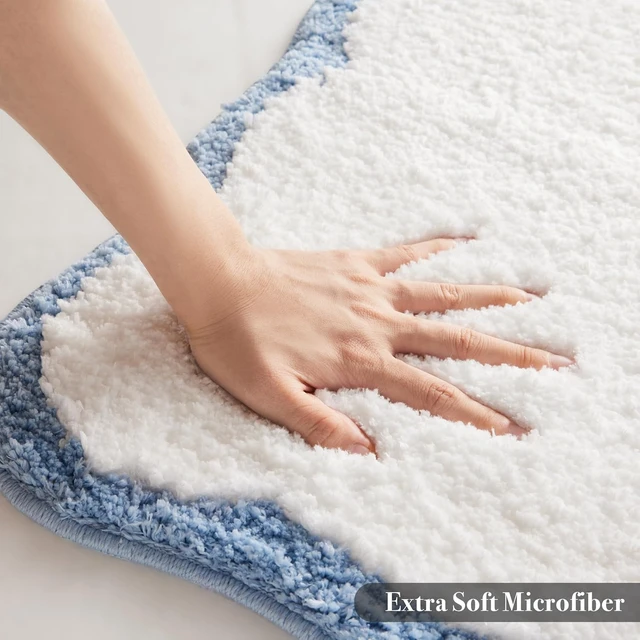 Alt view image 6 of 6 - Absorbent, Anti Slip, Shower, Sink, Floor Carpet, Tub, Small White Bath Rug with Blue Scalloped Piping Cute Aesthetic Preppy Bath Mat for Bathroom, Luxury Microfiber Bathroom Rugs