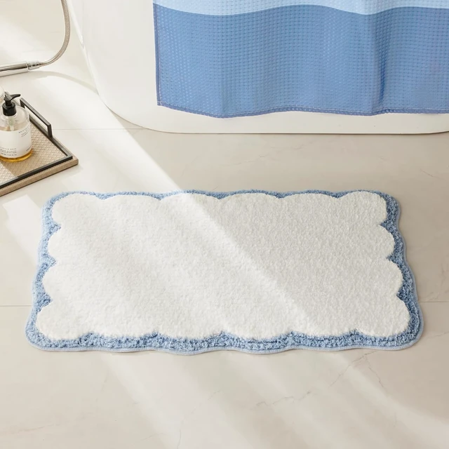 Alt view image 3 of 6 - Absorbent, Anti Slip, Shower, Sink, Floor Carpet, Tub, Small White Bath Rug with Blue Scalloped Piping Cute Aesthetic Preppy Bath Mat for Bathroom, Luxury Microfiber Bathroom Rugs