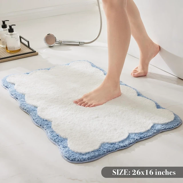 Alt view image 4 of 6 - Absorbent, Anti Slip, Shower, Sink, Floor Carpet, Tub, Small White Bath Rug with Blue Scalloped Piping Cute Aesthetic Preppy Bath Mat for Bathroom, Luxury Microfiber Bathroom Rugs