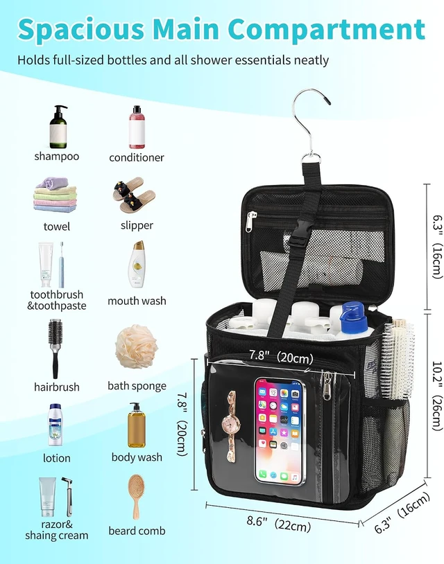 Alt view image 2 of 7 - Portable Hanging Shower Caddy - Quick Dry Water-Resistant Travel Toiletry Bag with Separate Compartments and Multiple Pockets for Dorm & College