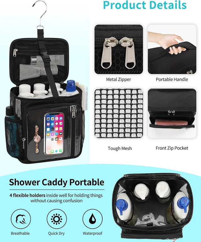 Alt view image 3 of 7 - Portable Hanging Shower Caddy - Quick Dry Water-Resistant Travel Toiletry Bag with Separate Compartments and Multiple Pockets for Dorm & College