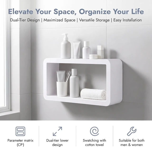 Alt view image 4 of 7 - Moisture-Proof Rust-Resistant Storage Rack with Rounded Edges, Drill-Free Wall Mounted Bath Organizer, Layered Plastic Shower Caddy