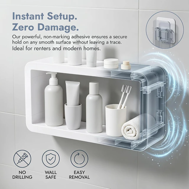 Alt view image 5 of 7 - Moisture-Proof Rust-Resistant Storage Rack with Rounded Edges, Drill-Free Wall Mounted Bath Organizer, Layered Plastic Shower Caddy