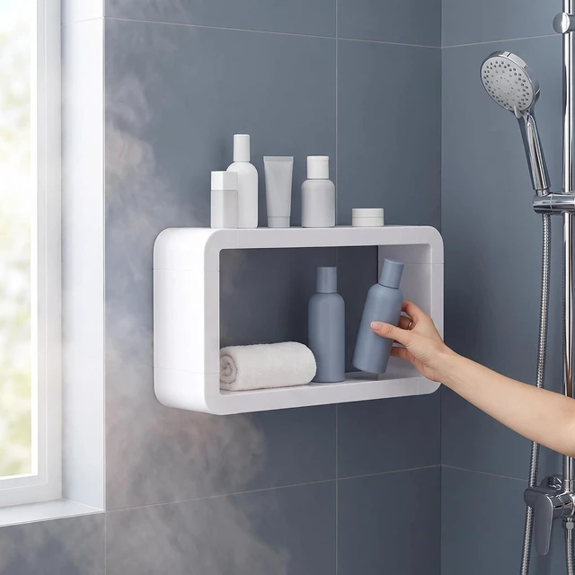 Alt view image 7 of 7 - Moisture-Proof Rust-Resistant Storage Rack with Rounded Edges, Drill-Free Wall Mounted Bath Organizer, Layered Plastic Shower Caddy