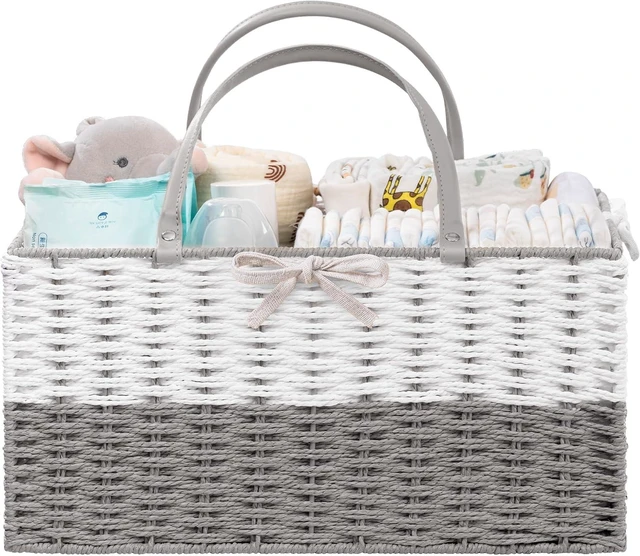 Main image of Portable Car Organizer for Baby Essentials & Shower Gifts, Woven Rope Storage Basket with Detachable Divider, Oversized Nursery Diaper Caddy