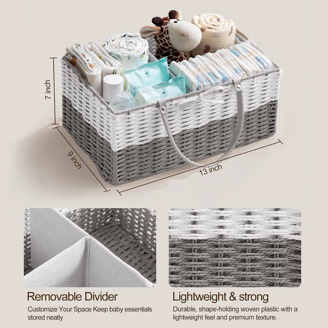 Alt view image 5 of 6 - Portable Car Basket for Newborn Essentials & Baby Shower Gifts, Paper Rope Nursery Storage Bin with Detachable Divider, Infant Diaper Caddy Organizer
