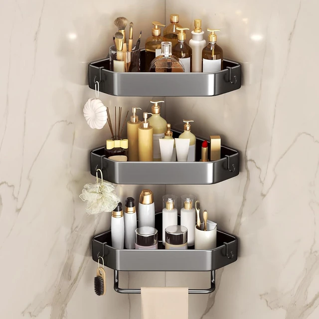 Main image of Rustproof 3-Layer Corner Shower Organizer with Adhesive and Drill Mounting Options