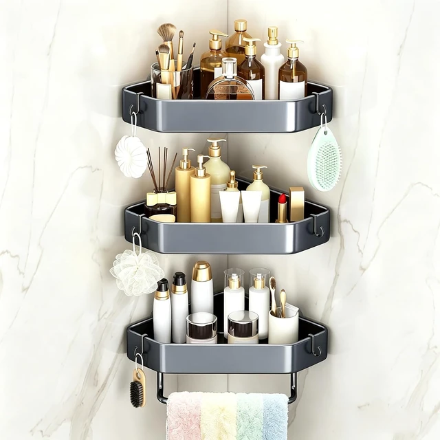 Alt view image 3 of 7 - Rustproof 3-Layer Corner Shower Organizer with Adhesive and Drill Mounting Options