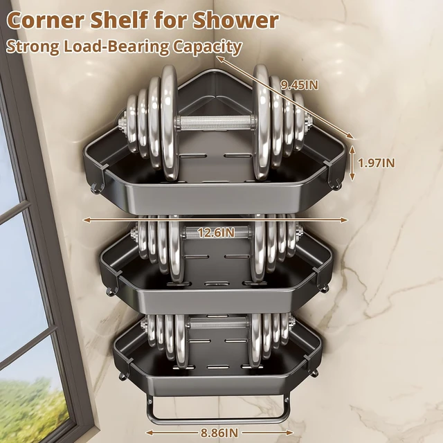 Alt view image 4 of 7 - Rustproof 3-Layer Corner Shower Organizer with Adhesive and Drill Mounting Options