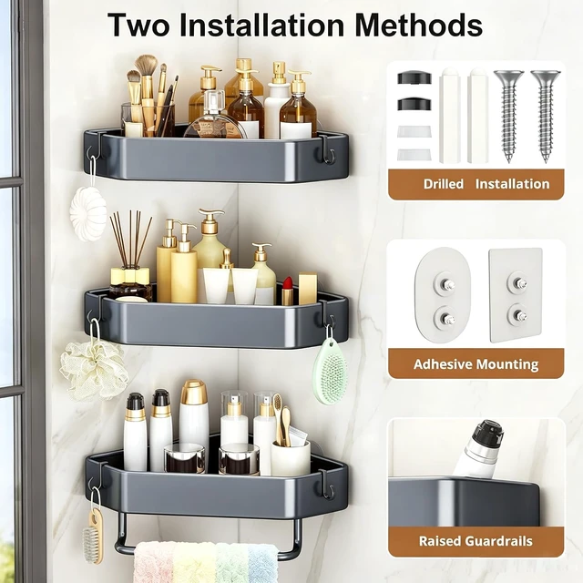 Alt view image 6 of 7 - Rustproof 3-Layer Corner Shower Organizer with Adhesive and Drill Mounting Options