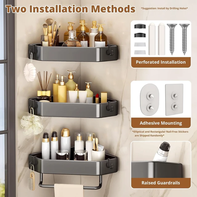 Alt view image 7 of 7 - Rustproof 3-Layer Corner Shower Organizer with Adhesive and Drill Mounting Options
