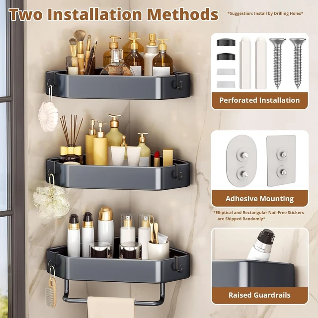 Alt view image 5 of 7 - Rustproof 3-Layer Corner Shower Organizer with Adhesive and Drill Mounting Options