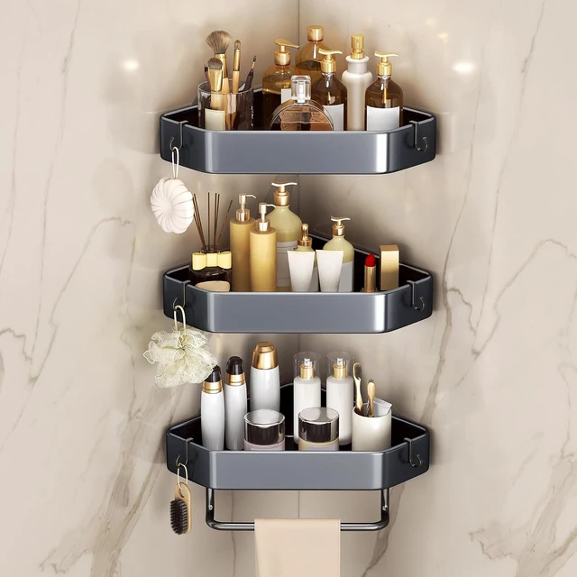 Alt view image 2 of 7 - Rustproof 3-Layer Corner Shower Organizer with Adhesive and Drill Mounting Options
