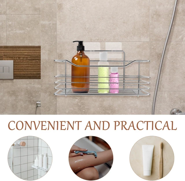 Alt view image 5 of 7 - Drill-Free Adhesive Bathroom Kitchen Wall Shelf Stainless Steel Storage Rack for Shampoo and Spice Bottles