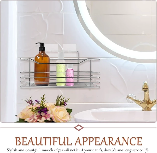 Alt view image 4 of 7 - Drill-Free Adhesive Bathroom Kitchen Wall Shelf Stainless Steel Storage Rack for Shampoo and Spice Bottles