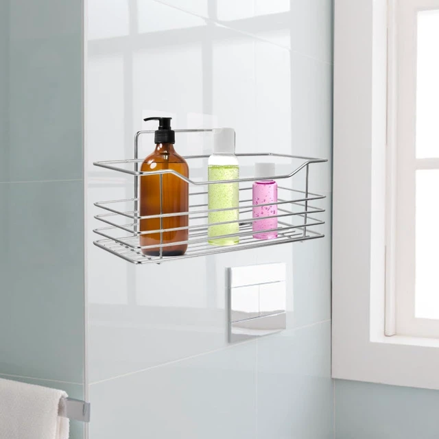 Alt view image 7 of 7 - Drill-Free Adhesive Bathroom Kitchen Wall Shelf Stainless Steel Storage Rack for Shampoo and Spice Bottles