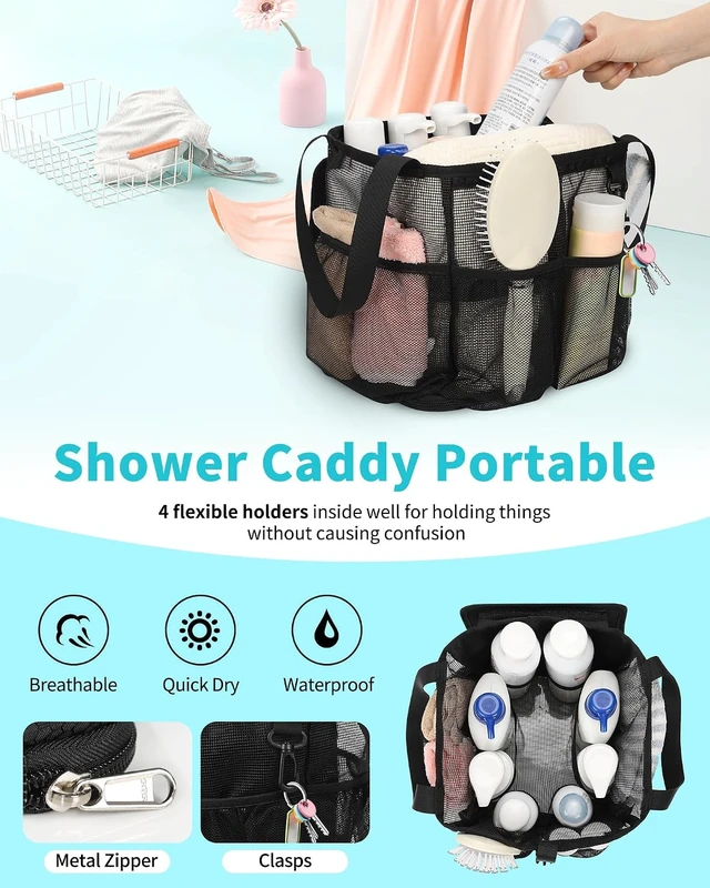 Alt view image 2 of 7 - Camping & Travel, Gym, Ideal for Dorms, Portable Mesh Shower Caddy - Large Capacity Toiletry Bag with 360° Hanging Hook & 4 Pockets