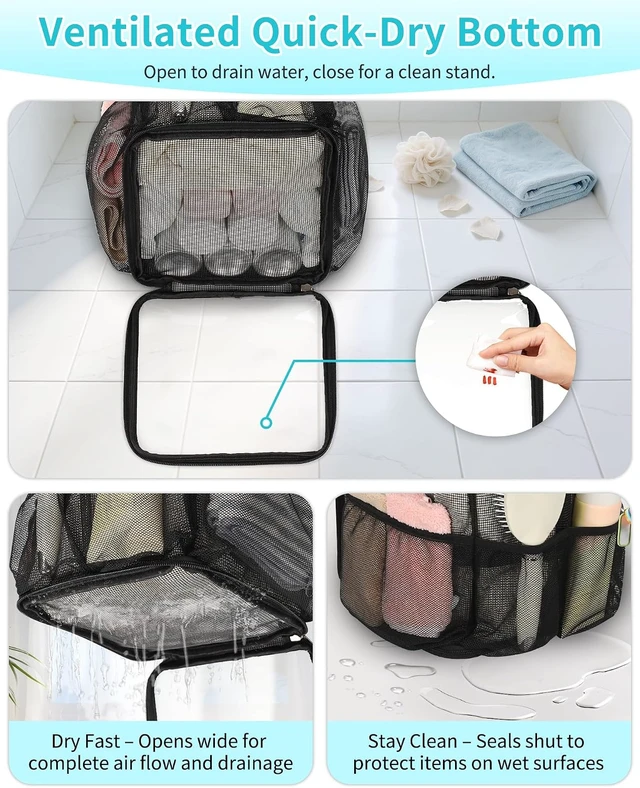 Alt view image 6 of 7 - Camping & Travel, Gym, Ideal for Dorms, Portable Mesh Shower Caddy - Large Capacity Toiletry Bag with 360° Hanging Hook & 4 Pockets