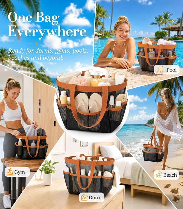 Alt view image 6 of 6 - Large Mesh 9-Pocket Shower Caddy Basket for College Dorm Essentials