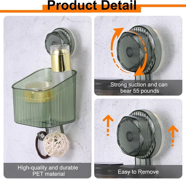 Alt view image 3 of 7 - Wall Mount Organizer Shelf Dispenser Rack Storage for Bathroom Kitchen, 1Pcs Clear Suction Cup Shower Caddy with Hooks