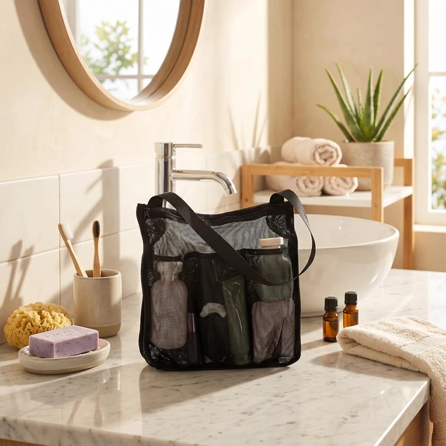 Alt view image 4 of 7 - Large Hanging Mesh Shower Caddy Beach Toiletry Organizer for Gym Dorm Travel Camping Bathroom Essentials